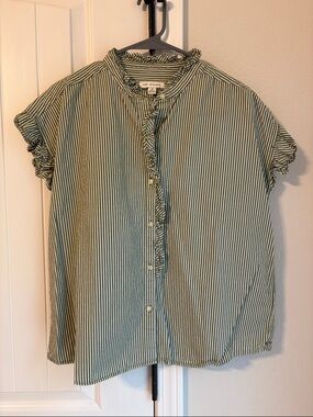 Ruffle-Trim Striped Button-Down Shirt - Green